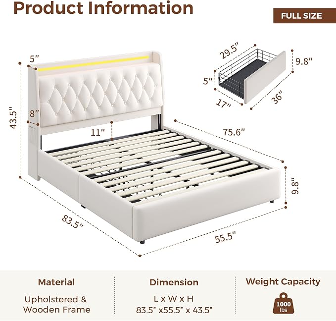 Full LED Velvet Bed Frame with 2 Storage Drawers&Hidden Headboard, Upholstered - Image 2