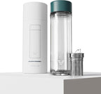 Glass Multi Tea Infuser Bottle 14oz - Double Wall Borosilicate Glass Flask | No Plastic Touches Contents | Perfect for Office or Home - Dark Green