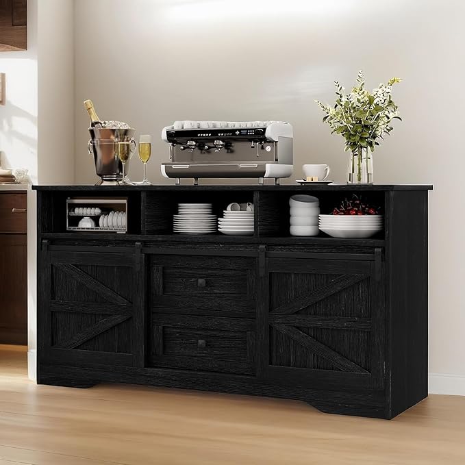 YITAHOME Buffet Cabinet with Drawers, 59" Large Sideboard Buffet Storage Cabinet with Shelves and Doors, Modern Farmhouse Coffee Bar Station Wood Kitchen Table for Kitchen, Dining Room, Black