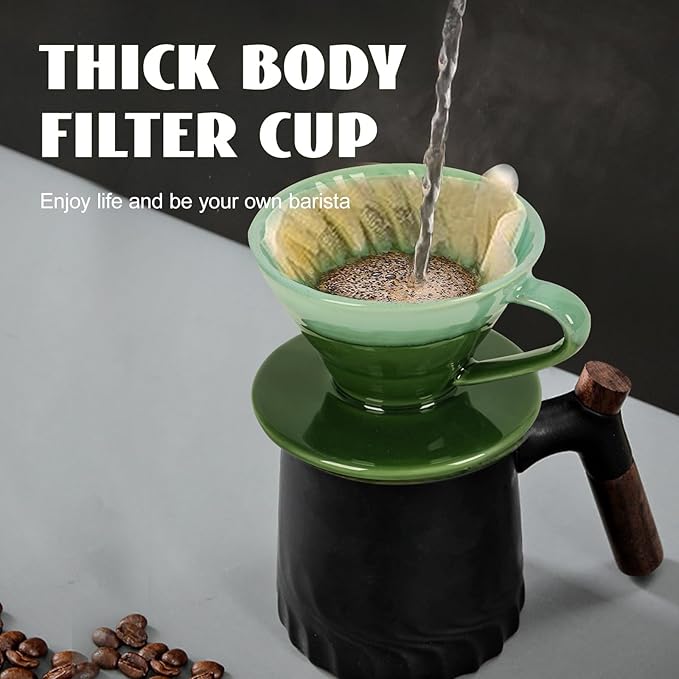 Ceramic Coffee Dripper Filter 02-4Cup Pour Over Coffee Dripper, 60 Angle Cone Ceramic Hand Brew Coffee Cup Retro Filter Set Reusable Portable Coffee Maker (Green)