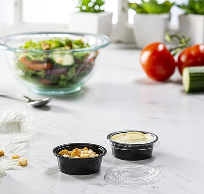 (1.5 oz - 100 Sets) Black Diposable Plastic Portion Cups With Lids, Small Mini Containers For Portion Controll, Jello Shots, Meal Prep, Sauce Cups, Slime, Condiments Disposable Souffle Cups