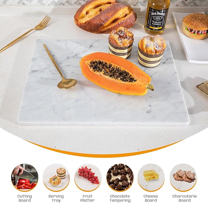 Marble Pastry and Cutting Board 12x16 Inch, Marble Slab With Non-Slip Feet For Baking, Cheese, Charcuterie, Chocolate, Pack of 1 Piece, Carrara White
