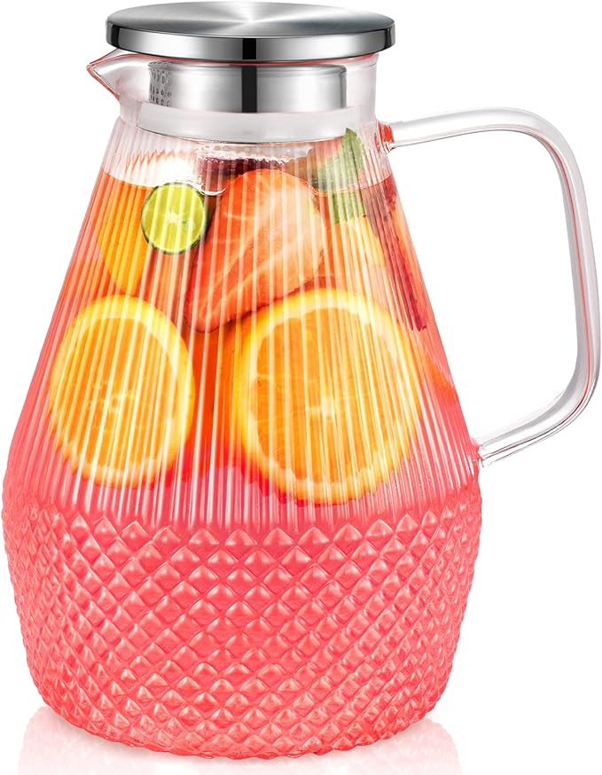 Glass Pitcher with Lid and Spout, veecom 80oz Water Pitchers for Drinks, Large Glass Jug for Juice, Lemonade, Beverage, Iced Tea Pitcher for Fridge, Heat Resistant Water Carafe with Brush
