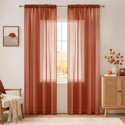 MIULEE Boho Fall Terracotta Linen Textured Sheer Curtains 54W×72L 2 Panels | by MIULEE