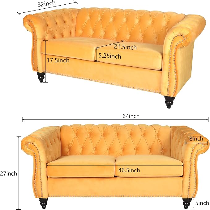 ORRD 3 Piece Living Room Set, Velvet Chesterfield Sofa Loveseat Couch Chair - Image 2