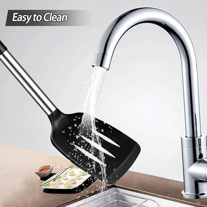 2 Pack Silicone Spatulas Turners, Stainless Steel Cooking Utensils BPA Free,Heat Resistant,Non Stick,Rubber Spatulas for Fish, Eggs, Pancakes, WOK, Black