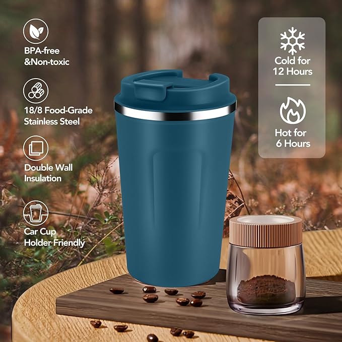 Volhoply 12 oz Double Wall Insulated Vacuum Travel Coffee Mug with Flip Lid,Reusable Stainless Steel Leak Proof Coffee Cup,Portable Iced Cafe Thermal Tumbler Suitable for Hot & Cold Drinks(Bule,1 Set)