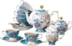 ACMLIFE Tea Sets for Adults for 6, Blue Tea Set with Cups, Fine Bone China 24K Gold, Tea Pot and Cups Set, Vintage British English Porcelain Afternoon Service Sets for Women Tea Party for Luxury Gift