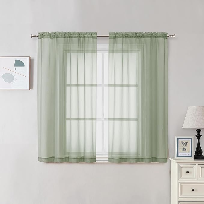 2 Panels Sheer Sage Green Curtains 54 Inches Length Window Treatment by OVZME