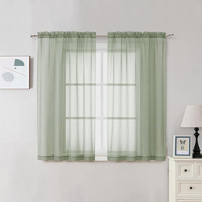 2 Panels Sheer Sage Green Curtains 54 Inches Length Window Treatment by OVZME