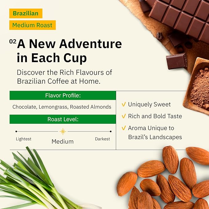 Brazilian Santos Medium Roast Coffee Beans - Single Origin Arabica Coffee Beans, Freshly Roasted to Order, Whole Bean Coffee Low Acid with Smooth Cocoa Notes, Specialty Grade and Fair Trade - 5LB