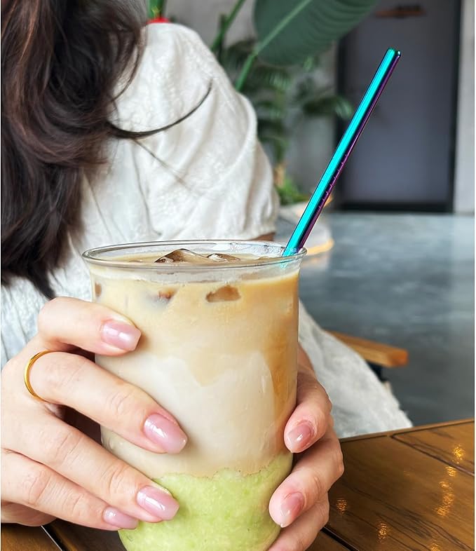 Stainless Steel Straws Metal Reusable Drinking Straw for Juice Iced Coffee Cold Beverage Water Highball Glasses 20oz Tumblers Mugs Cups, 0.24" 6mm Wide 215mm Long, Set of 8 with Brush, Colorful