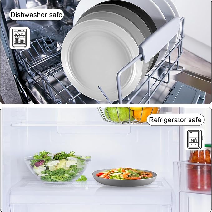 12 Pcs Unbreakable Deep Dessert Plates Set, 8 inch Reusable Plastic Wheat Straw Plates, Microwave and Dishwasher Safe Plate for Kitchen, Lightweight Plate for Dessert, BPA Free, Gray