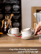 Gomakren 2.5 Ounce Espresso Cups Set of 4, Small Stackable Coffee Cups with Saucers and Metal Stand, Porcelain Demitasse Cups for Specialty Coffee Drinks, Espresso, Cappuccino, Latte, Tea, White