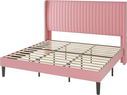 Allewie King Size Velvet Bed Frame/Vertical Channel Tufted Wingback - Image 9