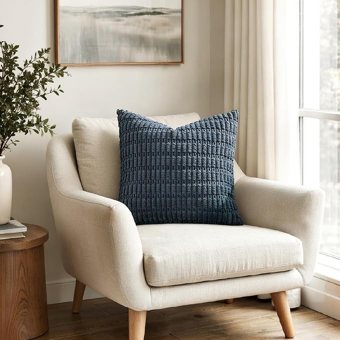 MIULEE Euro Sham Corduroy Decorative Throw Pillow Covers 24x24 Blue | Pack of 2 - Image 4