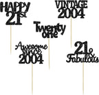 Gyufise 30pcs Vintage 2004 Cupcake Toppers Glitter Twenty-One Happy 21st Cupcake Picks Fabulous Anniversary Party Supplies Black