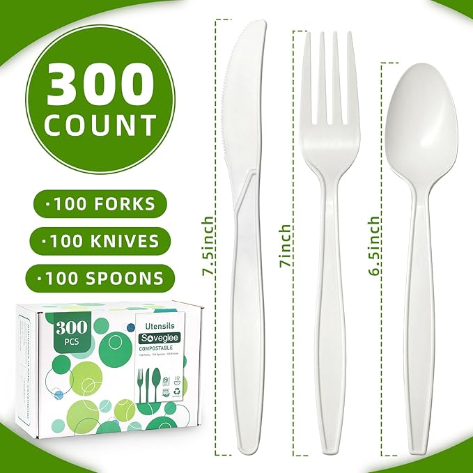 Ivory White No Plastic Silverware, Disposable Compostable Utensils 100 Forks 100 Spoons 100 Knives Disposable Cutlery, Eco Friendly Compostable Utensils, Disposable Forks Spoons Knives Set