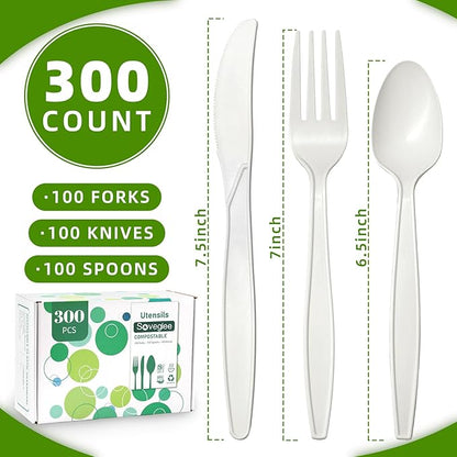 Ivory White No Plastic Silverware, Disposable Compostable Utensils 100 Forks 100 Spoons 100 Knives Disposable Cutlery, Eco Friendly Compostable Utensils, Disposable Forks Spoons Knives Set
