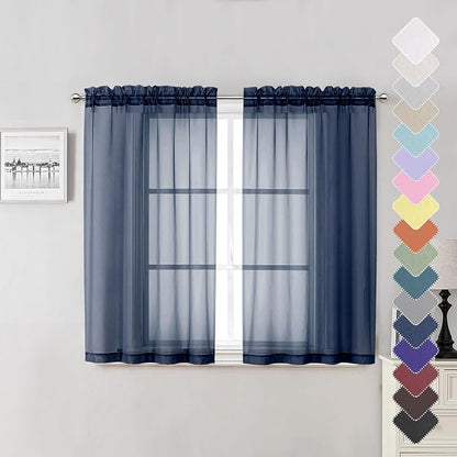 Navy Blue Sheer Curtains 45 Inch Long 2 Panels, Short Voile Drapes by Lecloud