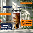 ALINK Reusable Iced Coffee Cup with Lid and Straw, 24 oz Boba Tea Smoothie Cup, Leak Proof Double Wall Insulated Iced Coffee Tumbler for Hot Cold Drinks, Bubble Tea, With 2 Boba Straws 1 Brush