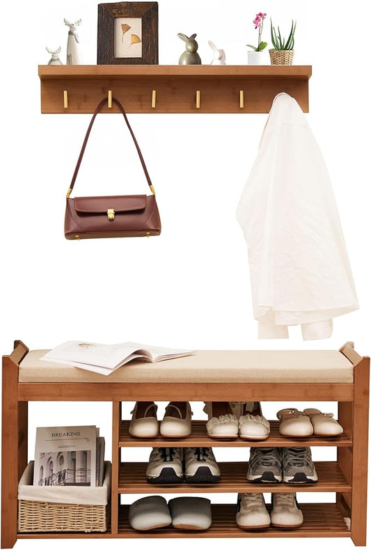 PETKABOO Hall Tree with Bench and Shoe Storage, Coat Rack Shoe Bench Set with by PETKABOO