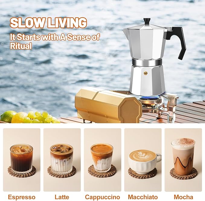 6 Cup Aluminum Espresso Stovetop Moka Pot Express Coffee Maker Percolator Italian Classic Mocha Coffee Machine for Italian and Cuban Cafe Brewing for Home & Camping 300ml 10oz