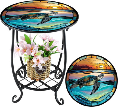 Cinnvoice Outdoor Side Table Round Small Mosaic Patio Accent Indoor End Plant by Cinnvoice