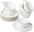 BTaT- White Tea Cups and Saucers Set of 6 (7 oz), Porcelain White Tea Cup Set with Golden Trim Design, Dishwasher Safe