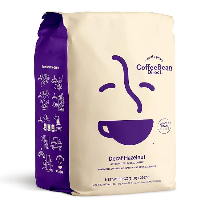 Coffee Bean Direct Decaf Hazelnut Flavored, Whole Bean Coffee, 5 Pound Bag (Pack of 1)