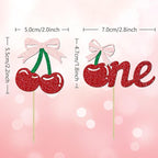 24 Pack Cherry 1st Birthday Cupcake Toppers, Glitter Cherry First Birthday Cake Pick for Fruits Theme One Birthday Party Cake Decorations Supplies (One)