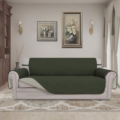 Easy-Going Reversible Couch Cover, 3 Cushion Sofa, Army Green/Beige | Machine - Image 2