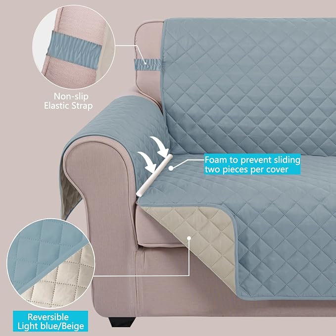 U-NICE HOME Large Sofa Cover Reversible Couch Cover, Light Blue/Beige | - Image 3