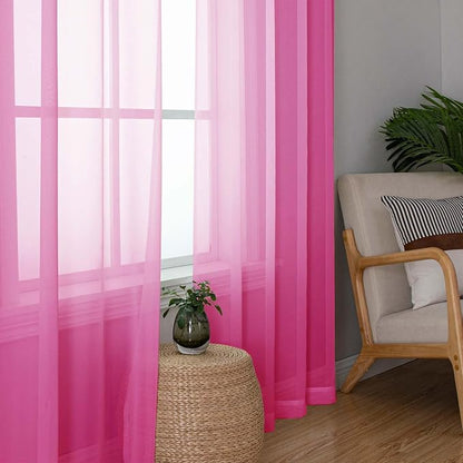 Hot Pink Sheer Curtains 63 Inch Length 2 Pcs, Solid Voile Long Light Filtering - Image 2
