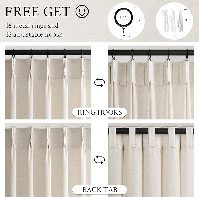 Topfinel 102 Inch Curtains 2 Panels Set, Two Packs Pinch Pleat Back Tab Linen - Image 6