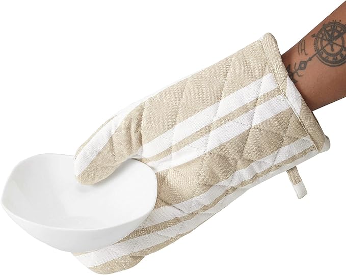 Encasa Homes Long 14 inch Oven Microwave Hand Gloves Mitts (2 pc Set) for Kitchen Cooking & Baking - Heat Resistant, Thick & Safe, Protection of Hands from Hot Utensils - Franca Beige Stripes