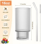 16OZ Ribbed Glass Cups with Lids and Straws,Iced Coffee Cups with Bamboo Lid,Vintage Glassware for Whiskey Cocktail Beer Fruit Juice Glasses Tumbler(2 Pack)