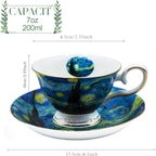 Floral Tea Cups Saucers Set of 2, Bone China 7 oz British Teacups Porcelain Van Gogh Coffee Cup for Rose Tea Cappuccino Espresso Latte (Starry Sky & Starry Sky)