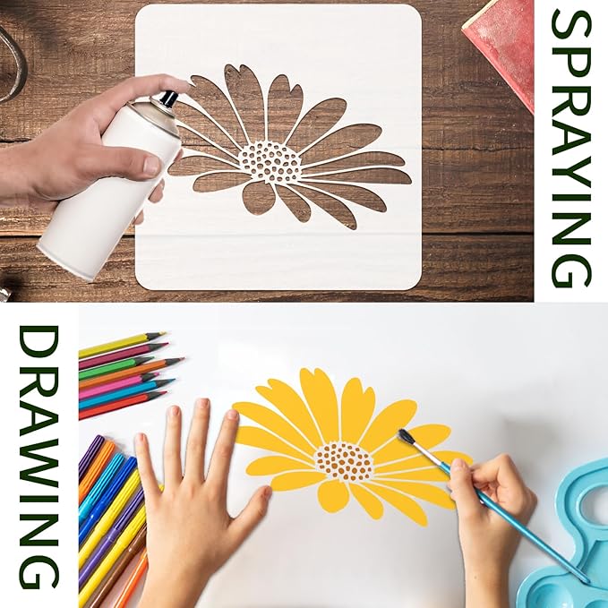 15PCS Large Flower Stencils for Wood Fence 12 x 12 Inch Sunflower Stencil with Brushes Reusable Floral Wall Stencil Sunflower Stencils for Painting on Walls Furniture Garden Fabrics