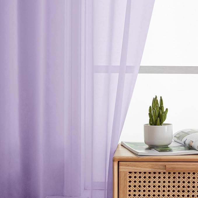 Light Purple Sheer Curtains 54 Inch Length 2 Panels Set, Rod Pocket Voile Sheer - Image 2