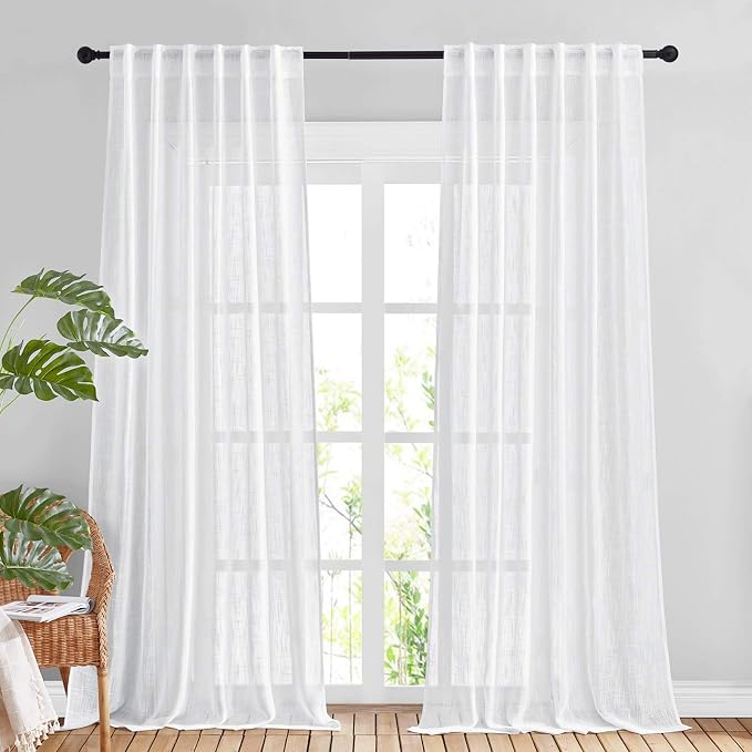 NICETOWN White Sheer 108 inch Curtains, Rod Pocket & Back Tab Semi Linen Sheer by NICETOWN