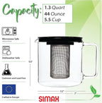 Simax Glassware 1 Quart Teapot with Metal Mesh Infuser | Plastic Lid, Microwave and Stovetop Safe, Heat, Cold, and Thermal Shock Resistant Borosilicate Glass, Makes a Stunning Presentation