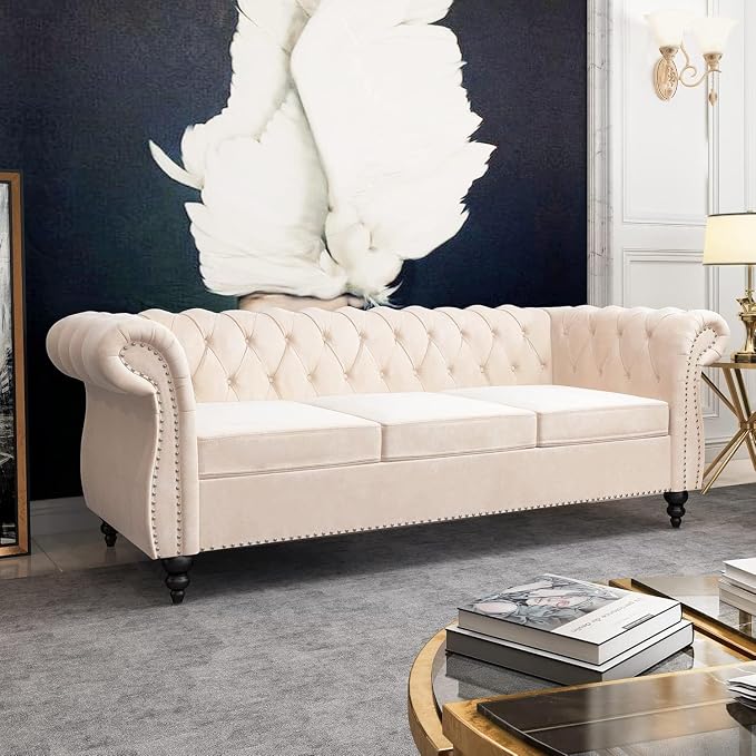 Mid-Century 3 Seater Sofa, Velvet Couch - Image 6