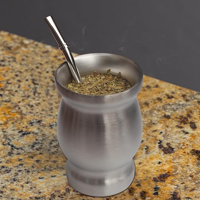Beruth Bombilla Yerba Mate Gourd, 8oz Stainless Steel Tea Cup Set with Lid, Two Straws and Cleaning Brushes, Double Walled Coffee Mug Heat Insulation Anti Scalding （Bright Silver）