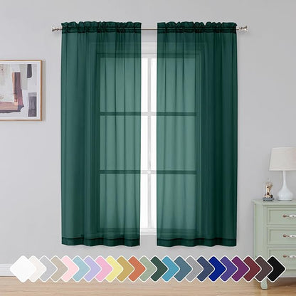Simplebrand Hunter Green Sheer Curtains 63 Inch Length 2 Panels, Rod Pocket by Simplebrand