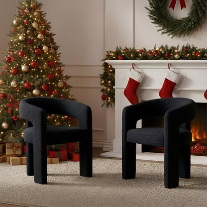 Black Dining Chairs Set of 2, Upholstered Sherpa Barrel Chairs by QUINJAY