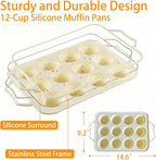 SOV Silicone Muffin Pan for Baking with Metal Reinforced Frame, Non-Stick 12 Cups Muffin Pan for Muffin Cakes, Tart, Bread,Cupcake Baking Pan Molds, Oven & Dishwasher Safe, 2 packs (white-D)