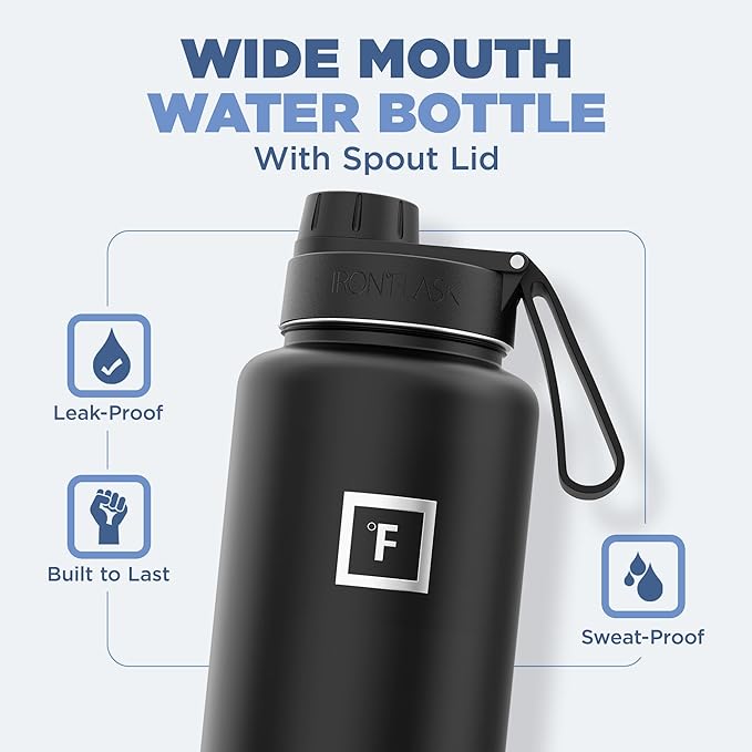 IRON °FLASK Camping & Hiking Hydration Flask with 3 Lids - Stainless Steel, Double Walled & Vacuum Insulated Water Bottle - Leak Proof & BPA Free (Blue Waves, Spout - 40 oz)