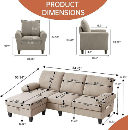 2PCS Sectional Sofa Set with Ottoman, Modern Linen 4 Seater Couch Set with Side - Image 2