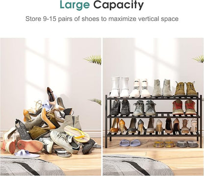 viewcare 3-Tier Long Black Shoe Rack, Bamboo Wood Shoe Rack - Image 4